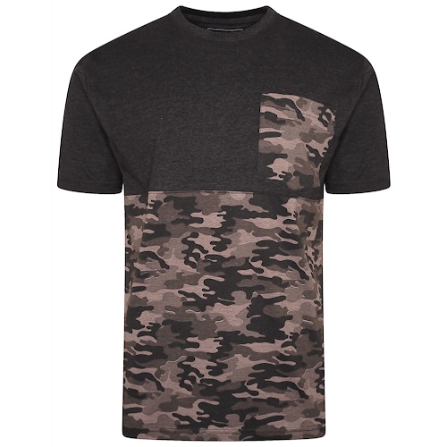 KAM Camo Panelled T-Shirt With Chest Pocket Charcoal